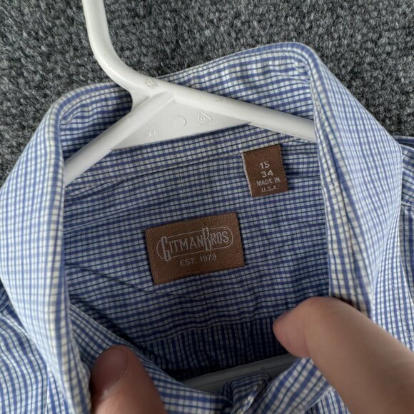 Gitman Bros 15 34 USA Button Up Shirt Blue Check Long Sleeve Men Woven Adult ** - Picture 8 of 16
